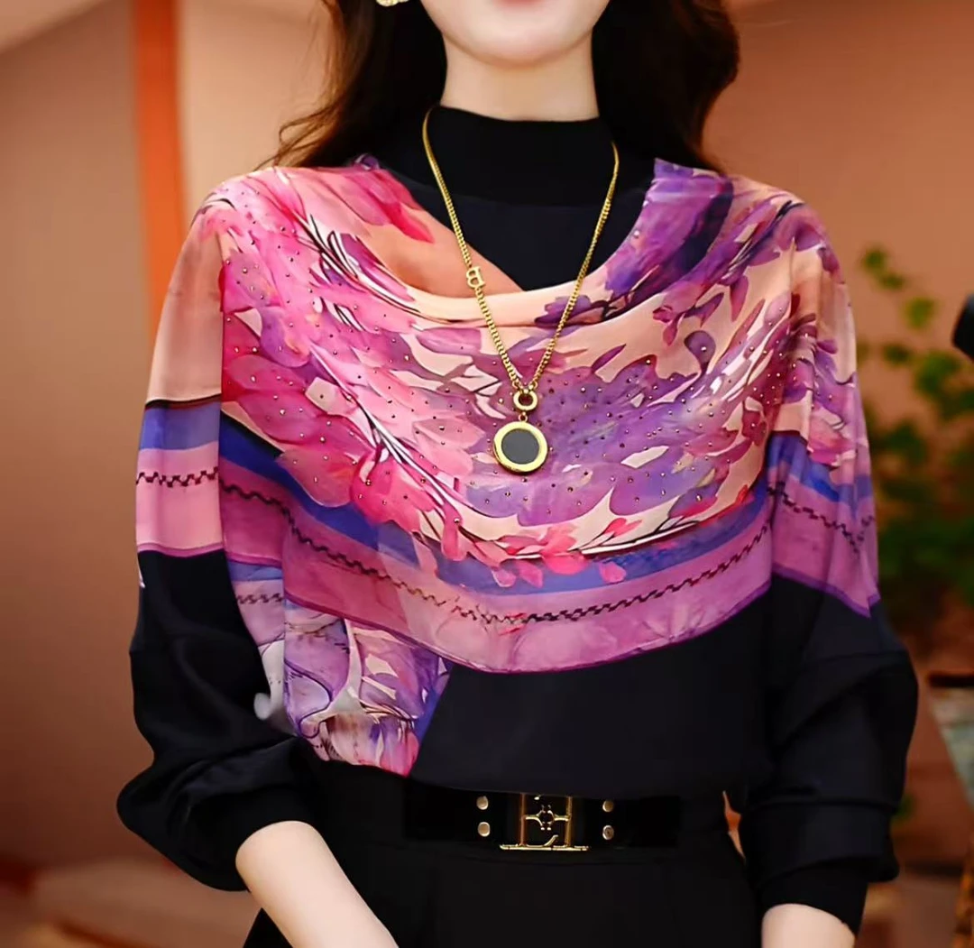 粉红色-高端长袖时尚上衣女显瘦显白百搭印花圆领（加绒加厚）