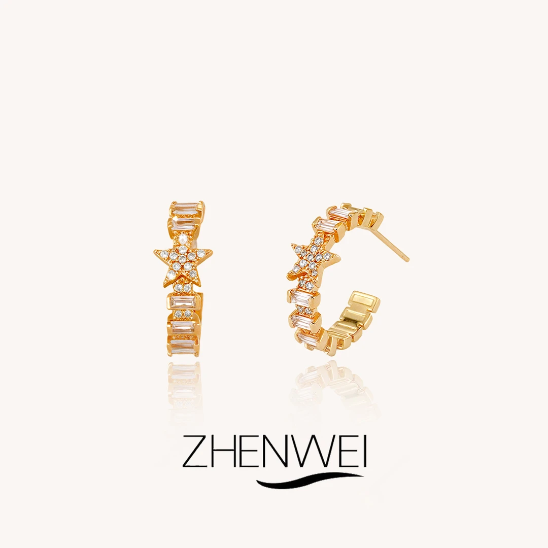 铜合金锆石耳饰 锆石五角星耳环轻奢时尚潮流耳夹小众高级感耳饰