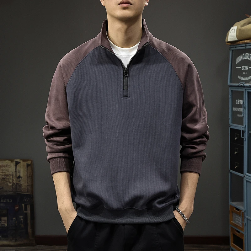 秋季潮流拼接拉链立领卫衣男士春秋季美式半拉链宽松百搭休闲上衣