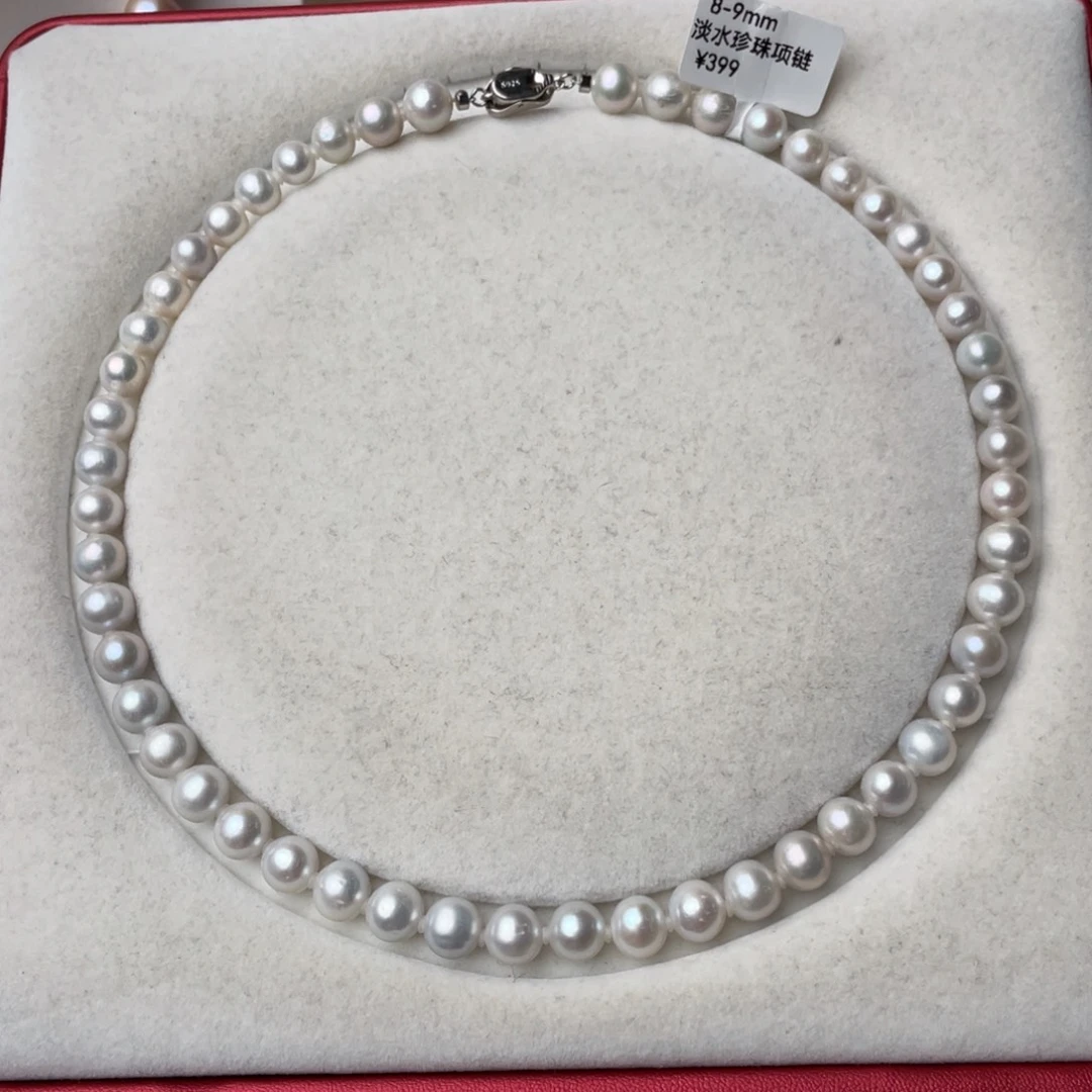 银S925镶嵌淡水珍珠颈饰8-9mm无核