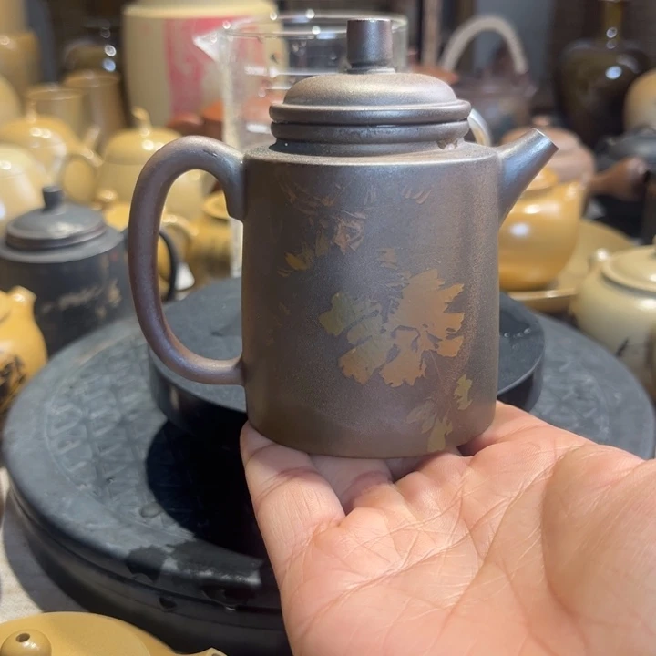 壶建水紫陶刻填窑变作品壶