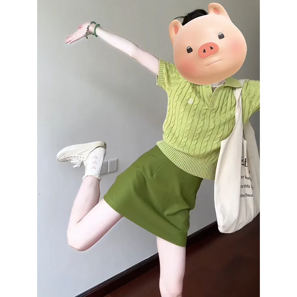 夏季新款休闲百搭简约polo领短袖针织T恤上衣高腰显瘦半身裙
