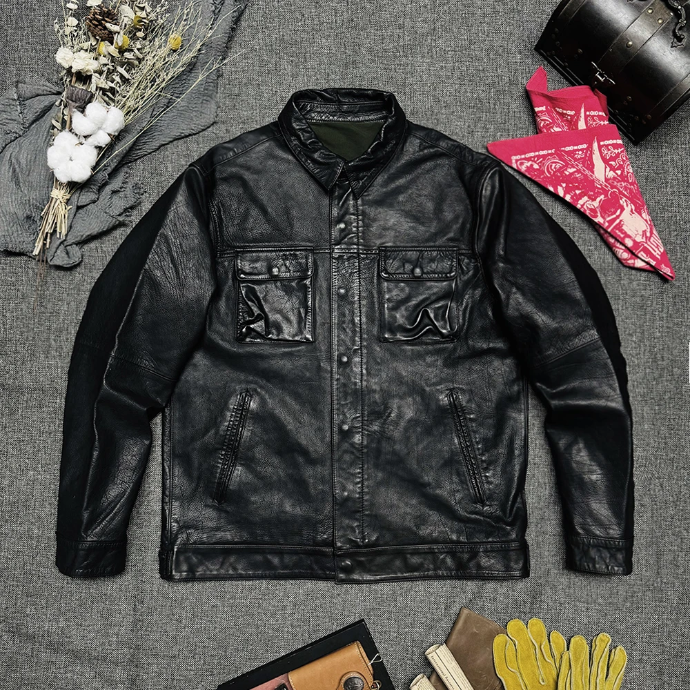 新款男士休闲黑色牛皮翻领衬衣真皮皮衣