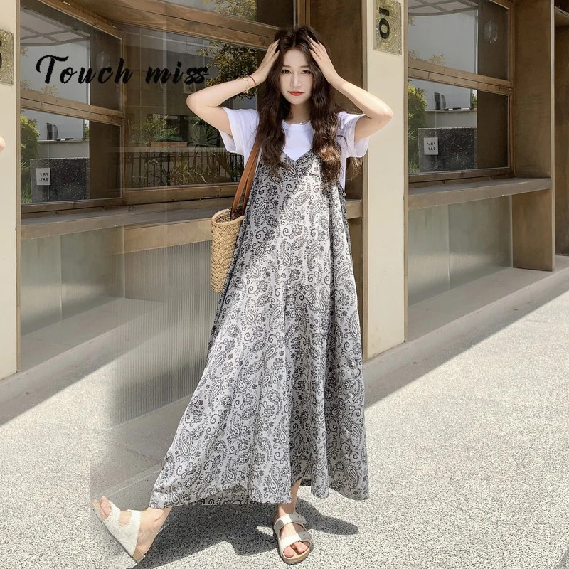 TOUCH MISS法式复古轻熟风印花度假背带裤套装女2025夏季新款短袖