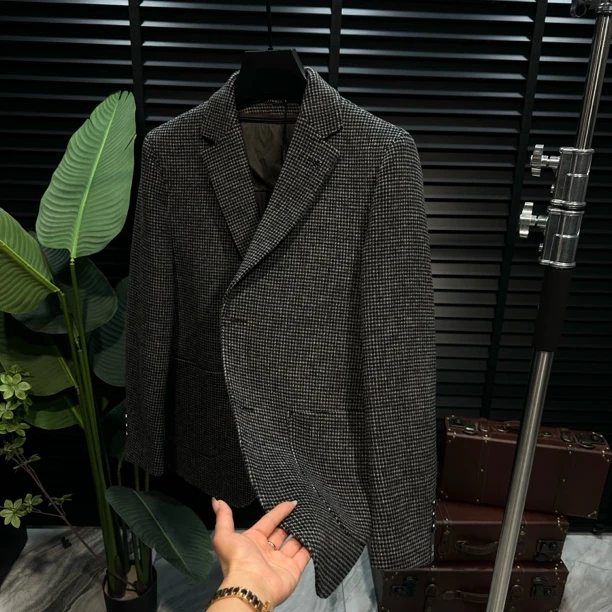 秋冬新款男士韩版羊毛格子西服上装【羊毛内胆可拆卸】