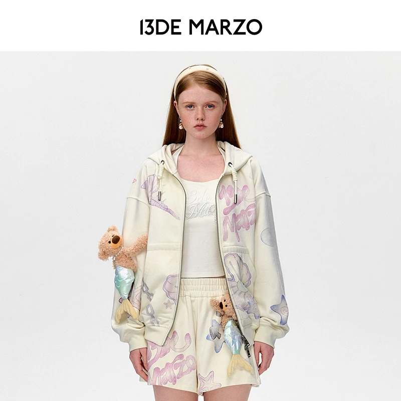 13DE MARZO男女同款 25早春新款海洋风涂鸦连帽卫衣开衫拉链外套