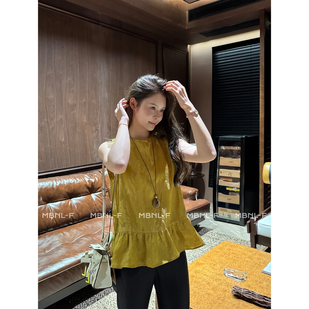 MBNL-F 亚麻人丝混纺重工定染复古黄色荷叶边背心 秦磊XM-XBX3219