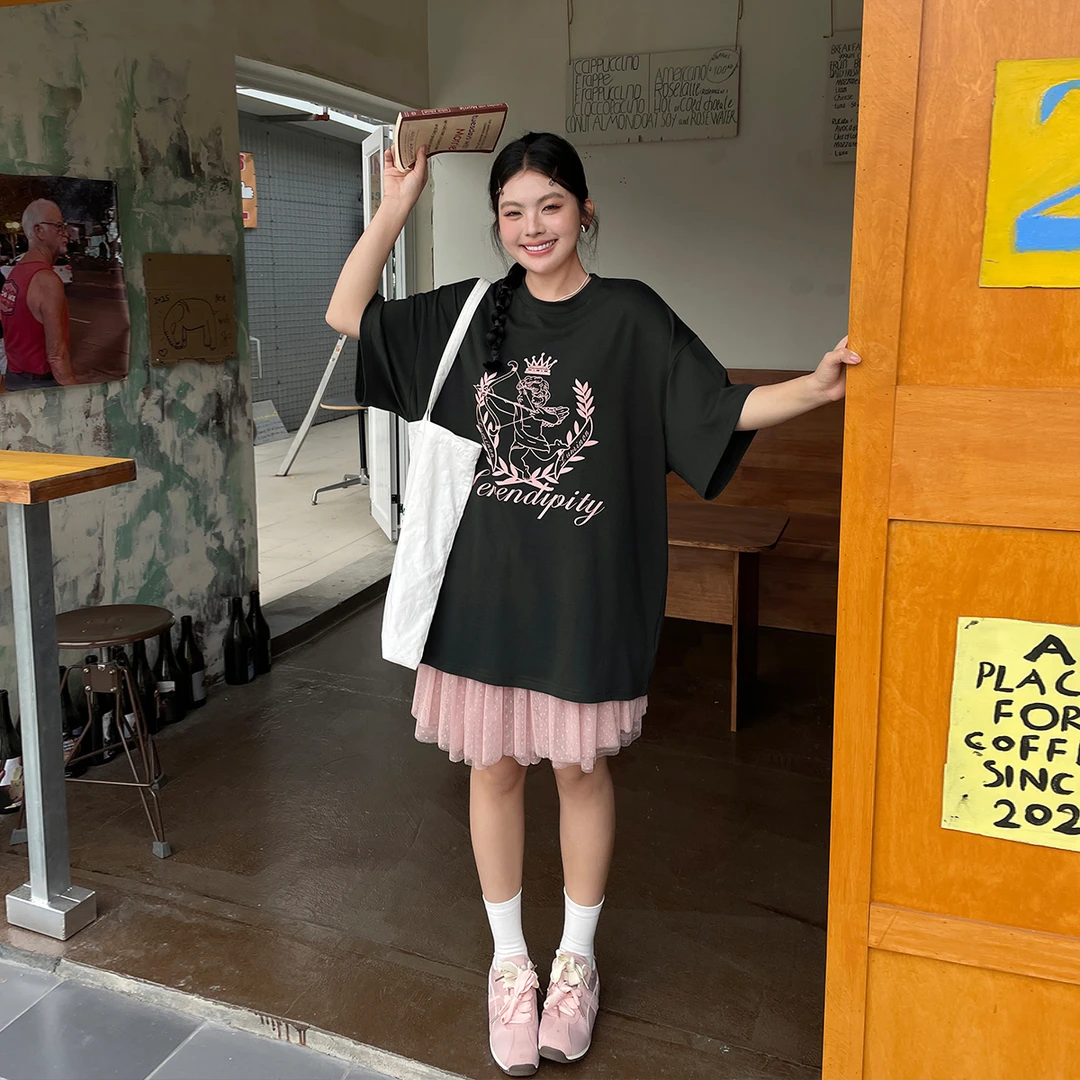 【现现专场】设计感印花圆领短袖T恤女夏季韩系中长款慵懒百搭上衣