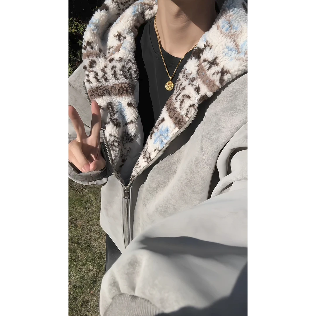 费尔岛皮棉服雾面扎染皮夹克男美式复古休闲高级感痞帅皮衣外套女