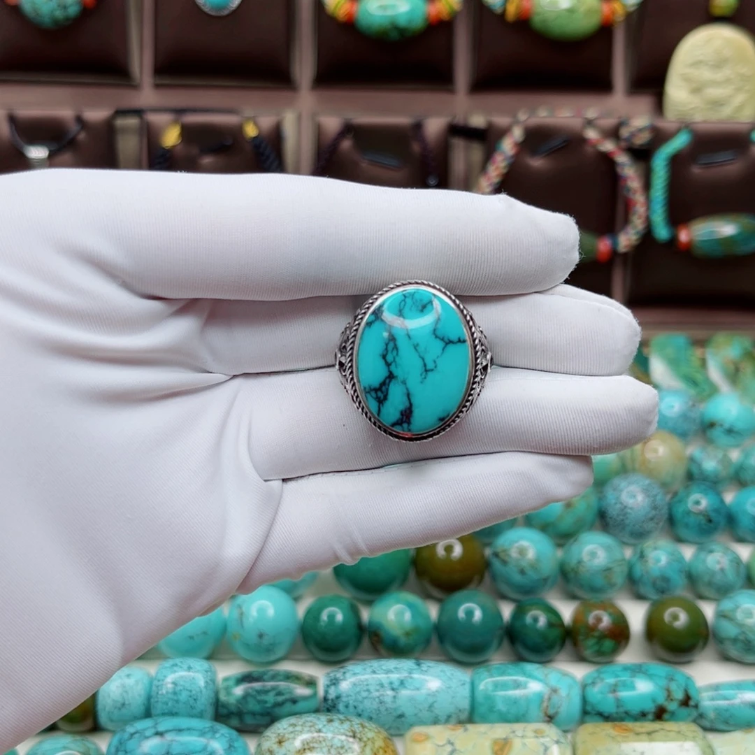 绿松石银S925镶嵌纯天然原矿绿松石