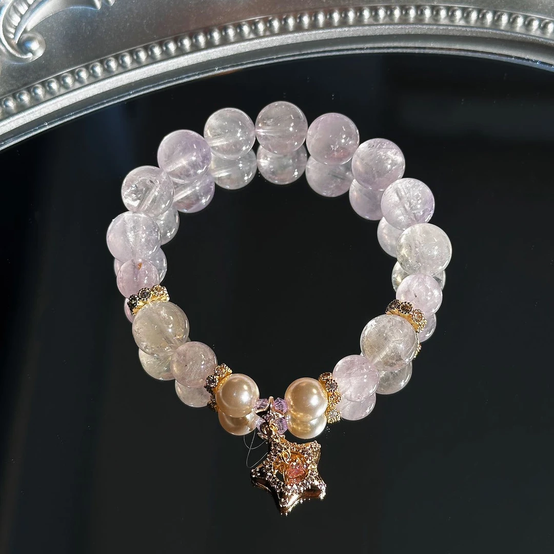 xy276-紫兔毛施家珍珠星星吊坠水晶手串