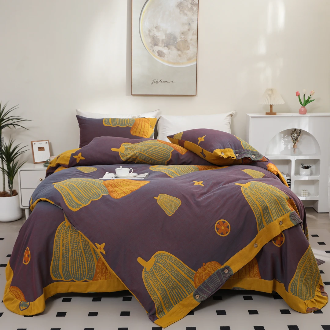 四件套（欢乐南瓜）纯棉全棉 双层纱提花 双人加厚四件套