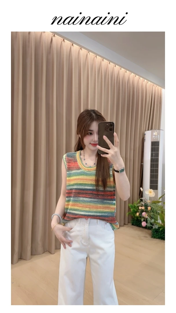 奈奈妮【彩虹糖】无袖针织上衣女2025夏季新款撞色百搭3352