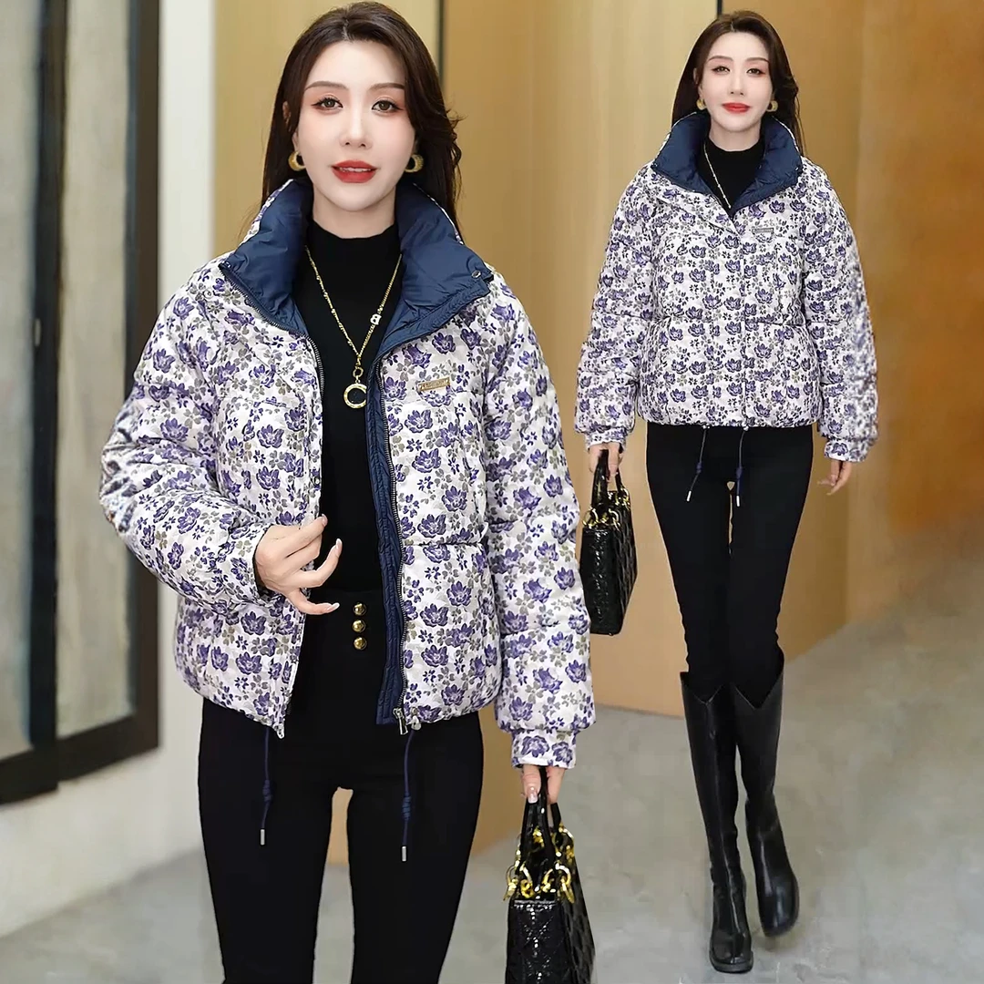 2025冬季新款加厚青花瓷国风碎花棉服外套女时尚休闲洋气韩版棉衣