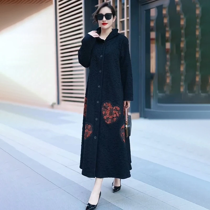 805冬季加厚立领加绒保暖长款国风盘扣大码中年妈妈撞色风衣外套