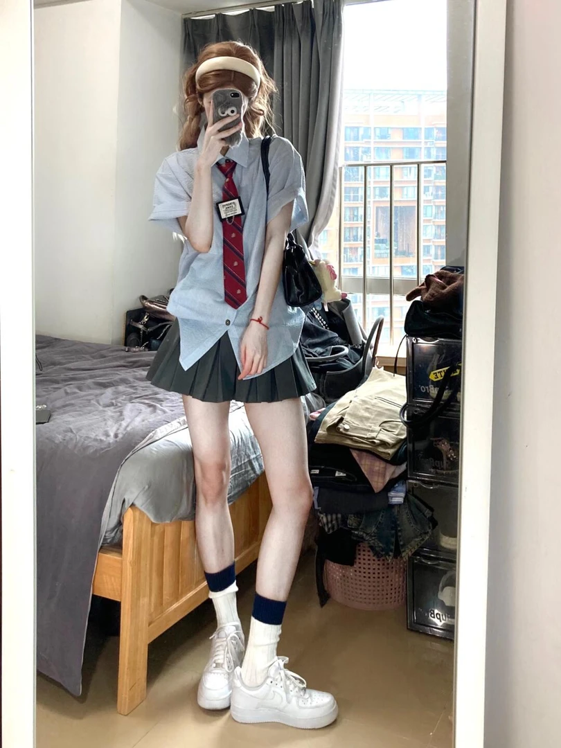 2025夏季学院风美式复古短袖POLO领衬衫上衣高腰百褶裙两件套女