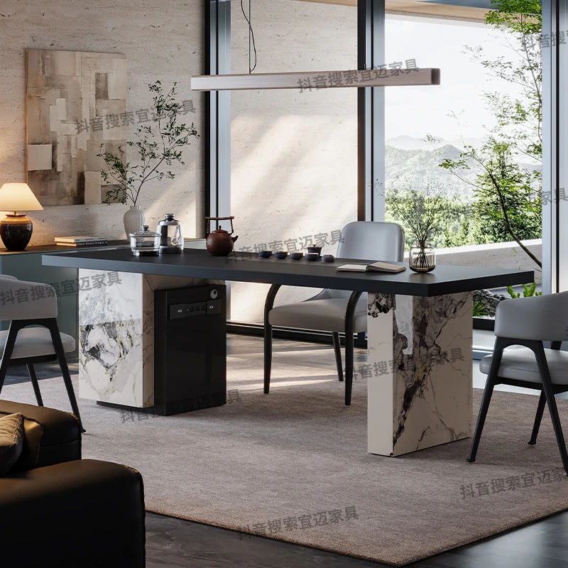 纯黑岩板茶桌简约客厅家用办公室别墅极简轻奢现代泡茶桌意式
