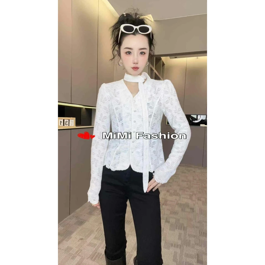 KiKi严选：39069-丽家欧洲站南油秋季新款绑带V领蕾丝衬衫