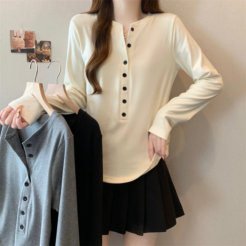 大码女装2024秋冬新款时尚休闲半开领单排扣长袖上衣1657