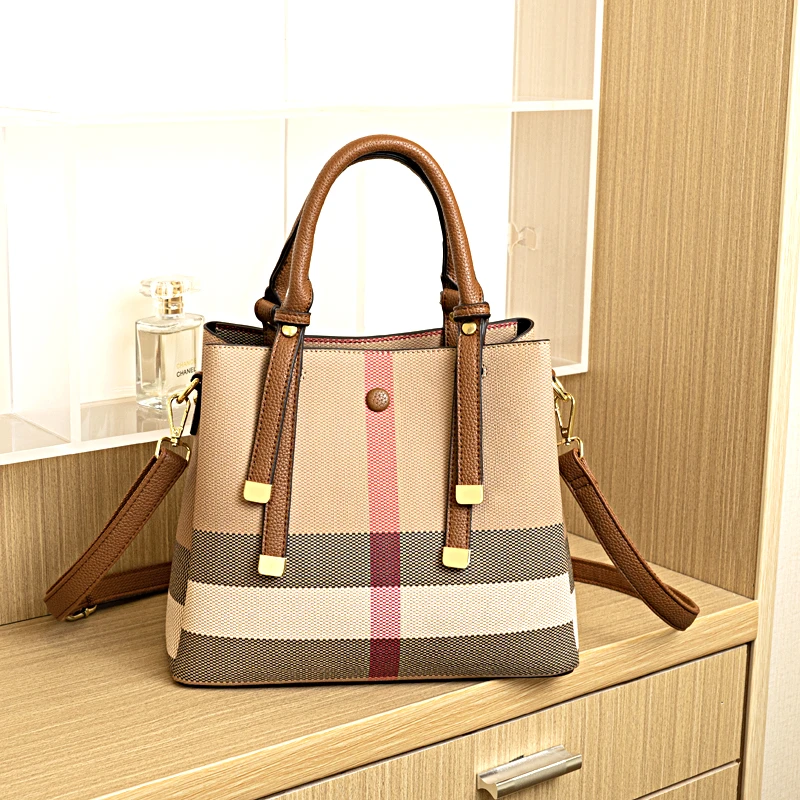 大容量2025时尚格纹托特包女洋气单肩包斜挎包百搭手提包撞色