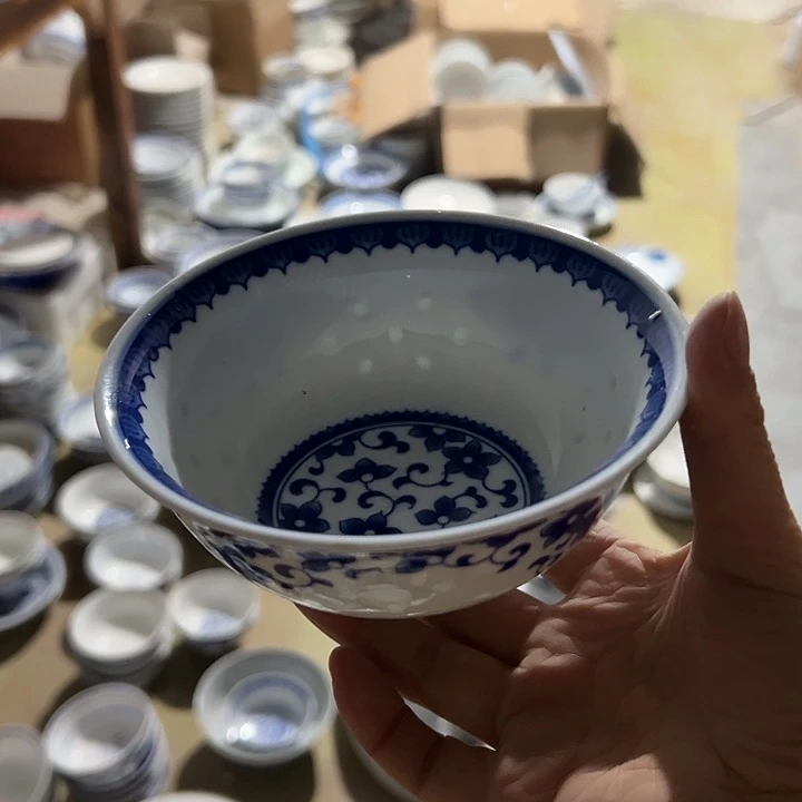 陶青花玲珑5寸紫荆花饭碗带边