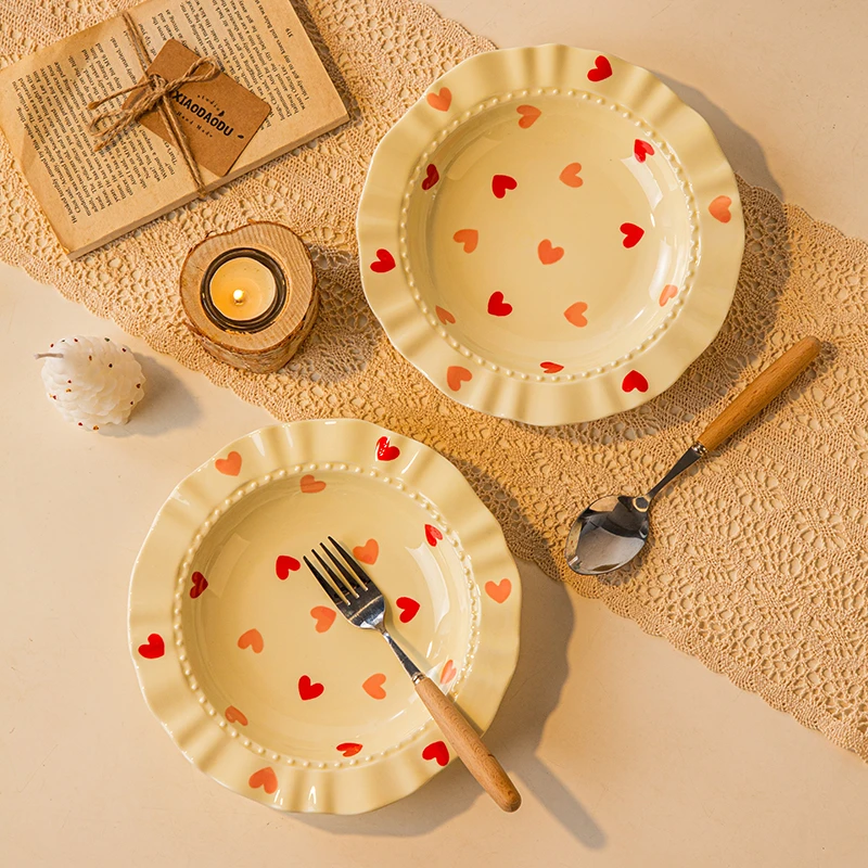 桃心裙边草帽盘2个装家用盘菜盘子深盘陶瓷釉下彩西餐盘暖色系列