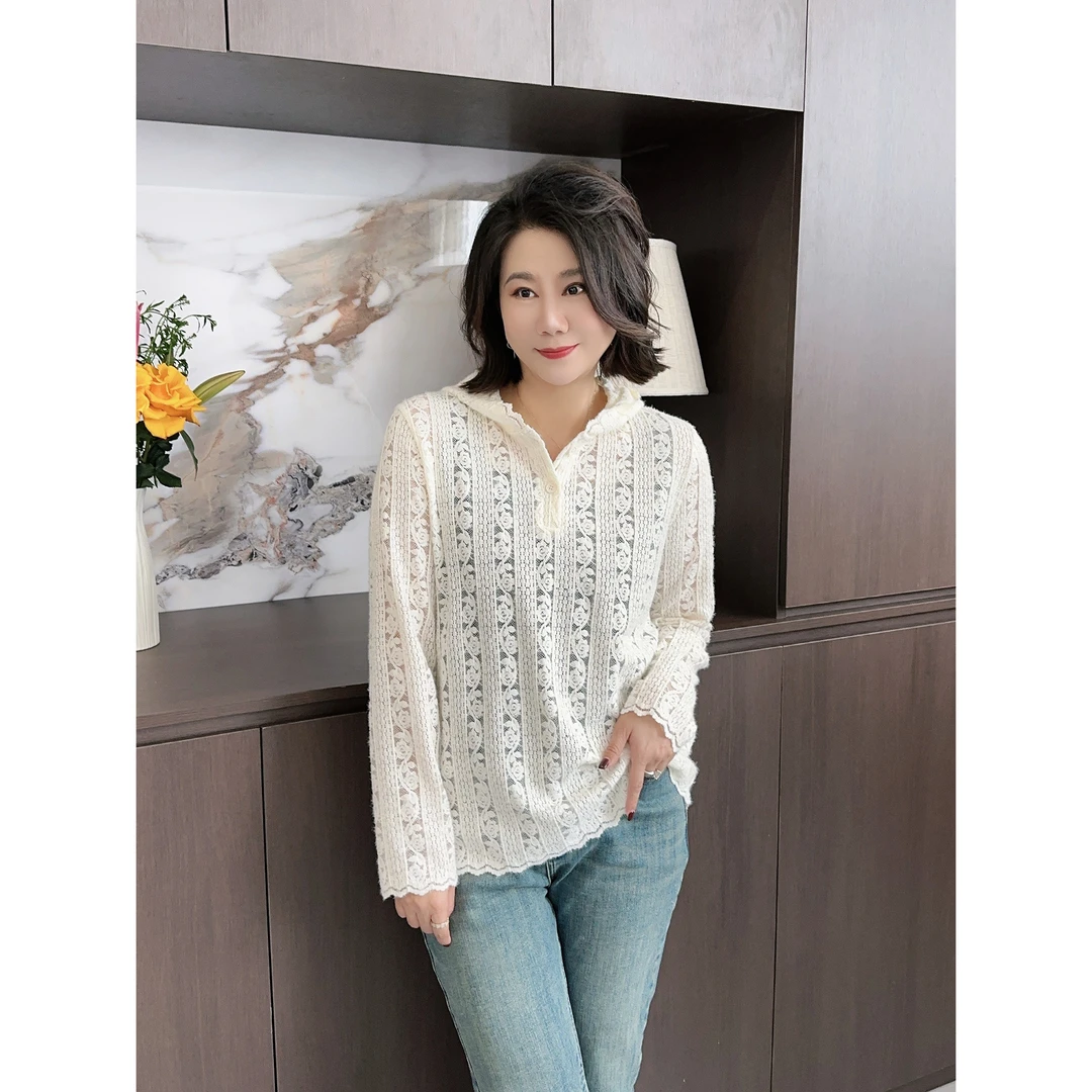 微胖女装【南法假日】春季新款蕾丝帽开筒T显瘦百搭上衣T恤20587