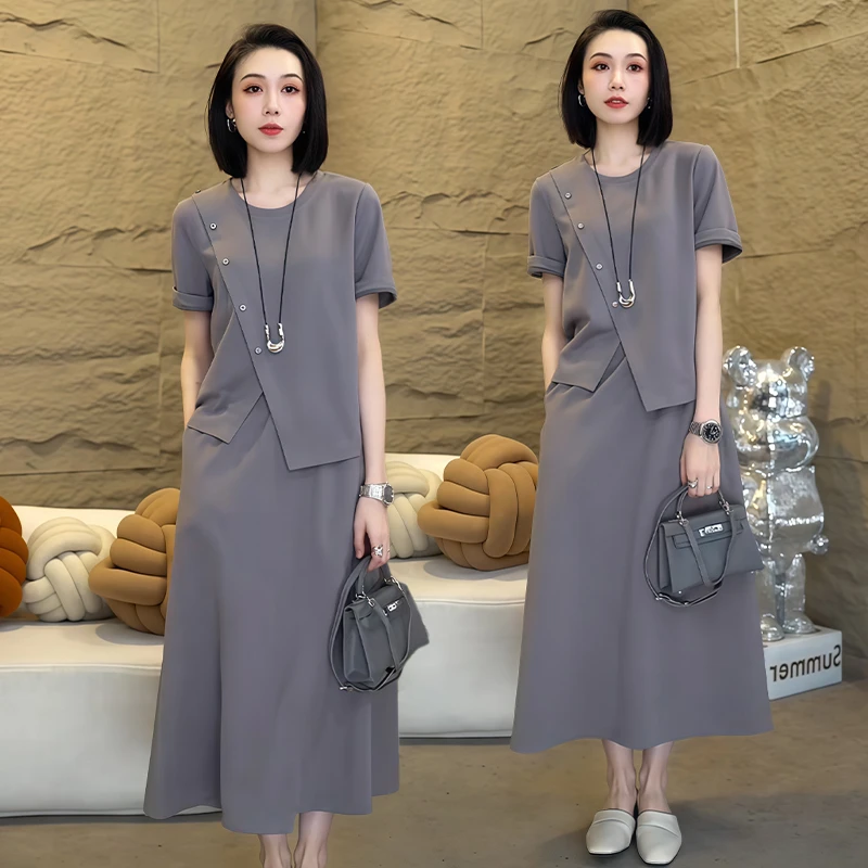 高含棉设计感时尚百搭套装女2025年夏季新款纯色上衣半身裙两件套