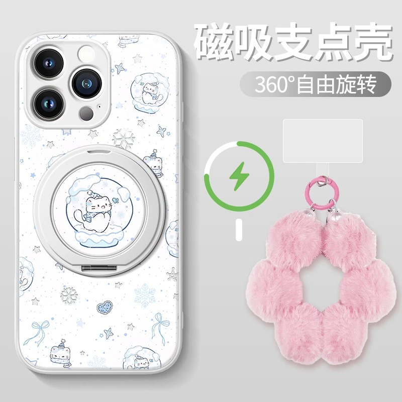 水晶小猫适用于苹果17pro/16手机壳液态晶透Mate80磁吸支架小米壳