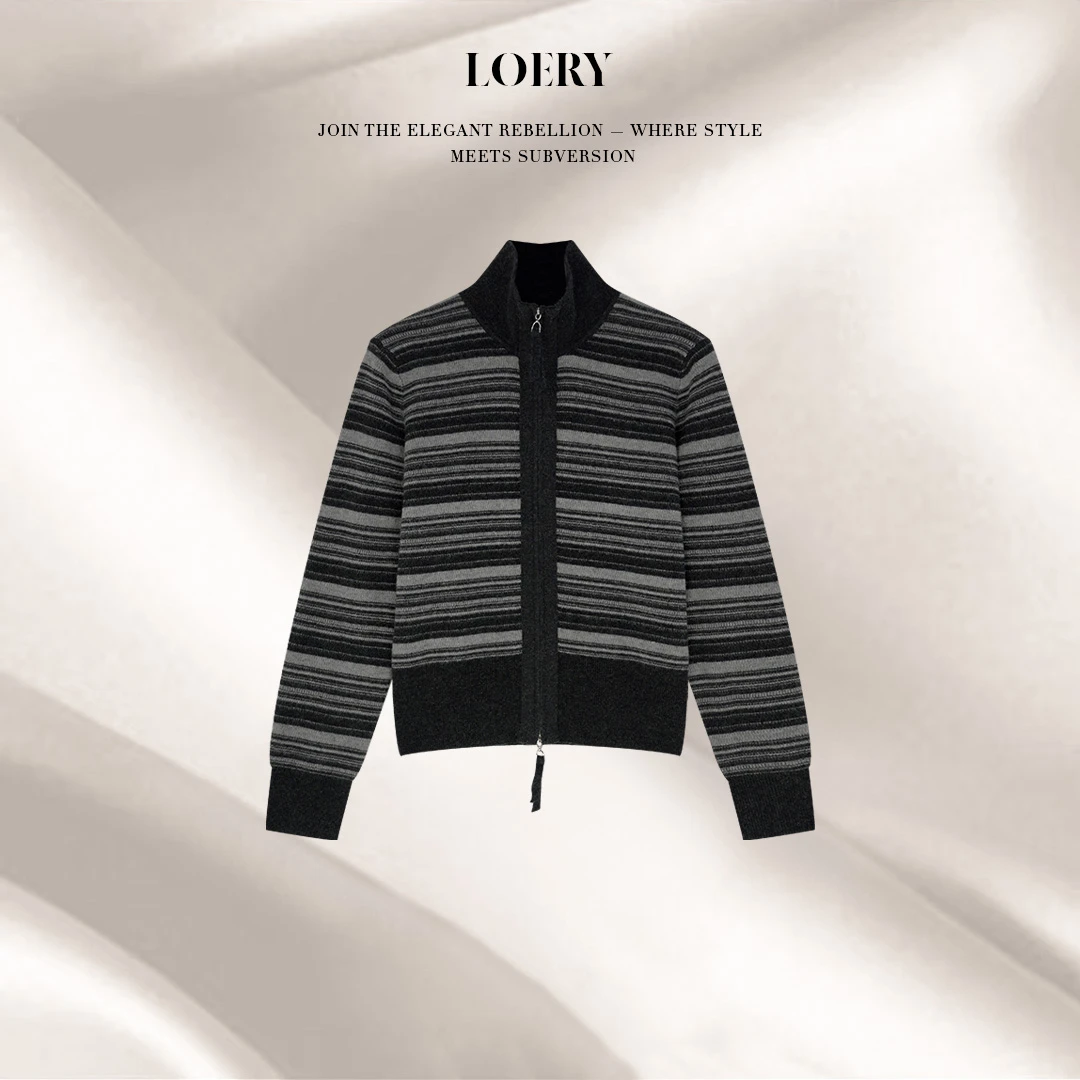 LOERY【钢琴家编号212】条纹撞色拼接防风小立领羊毛针织开衫-12821