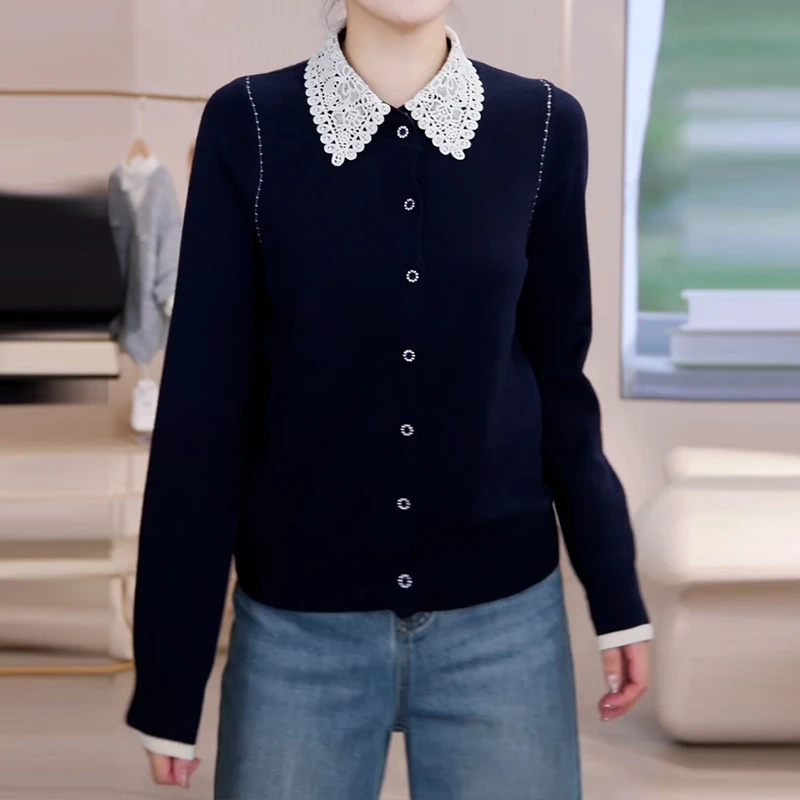 蕾丝拼接针织开衫女2025秋季新款时尚气质百搭显瘦减龄翻领上衣