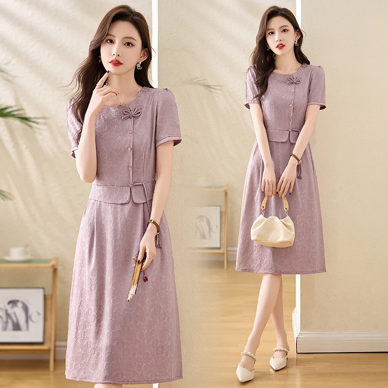 国风款新款连衣裙高级仿真丝夏季气质洋气减龄收腰修身女显瘦裙子