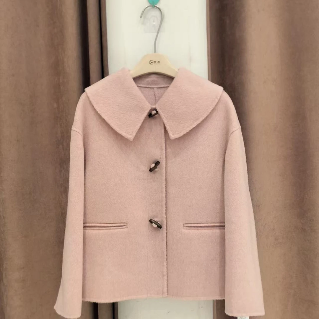 牛角扣短款女装娃娃领翻领双面羊毛气质百搭