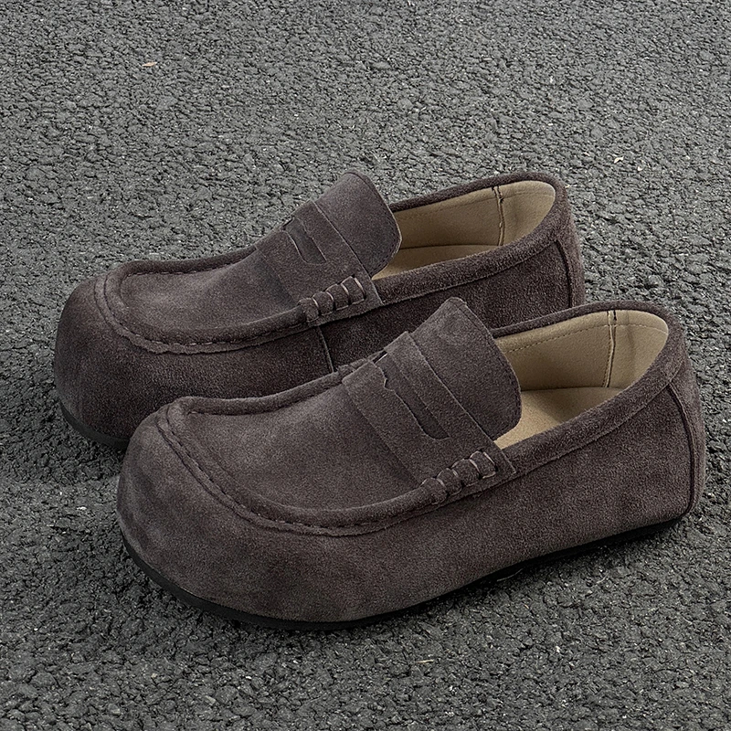 休闲百搭厚底勃肯鞋男士增高反绒皮乐福鞋复古穆勒鞋通勤老钱风男