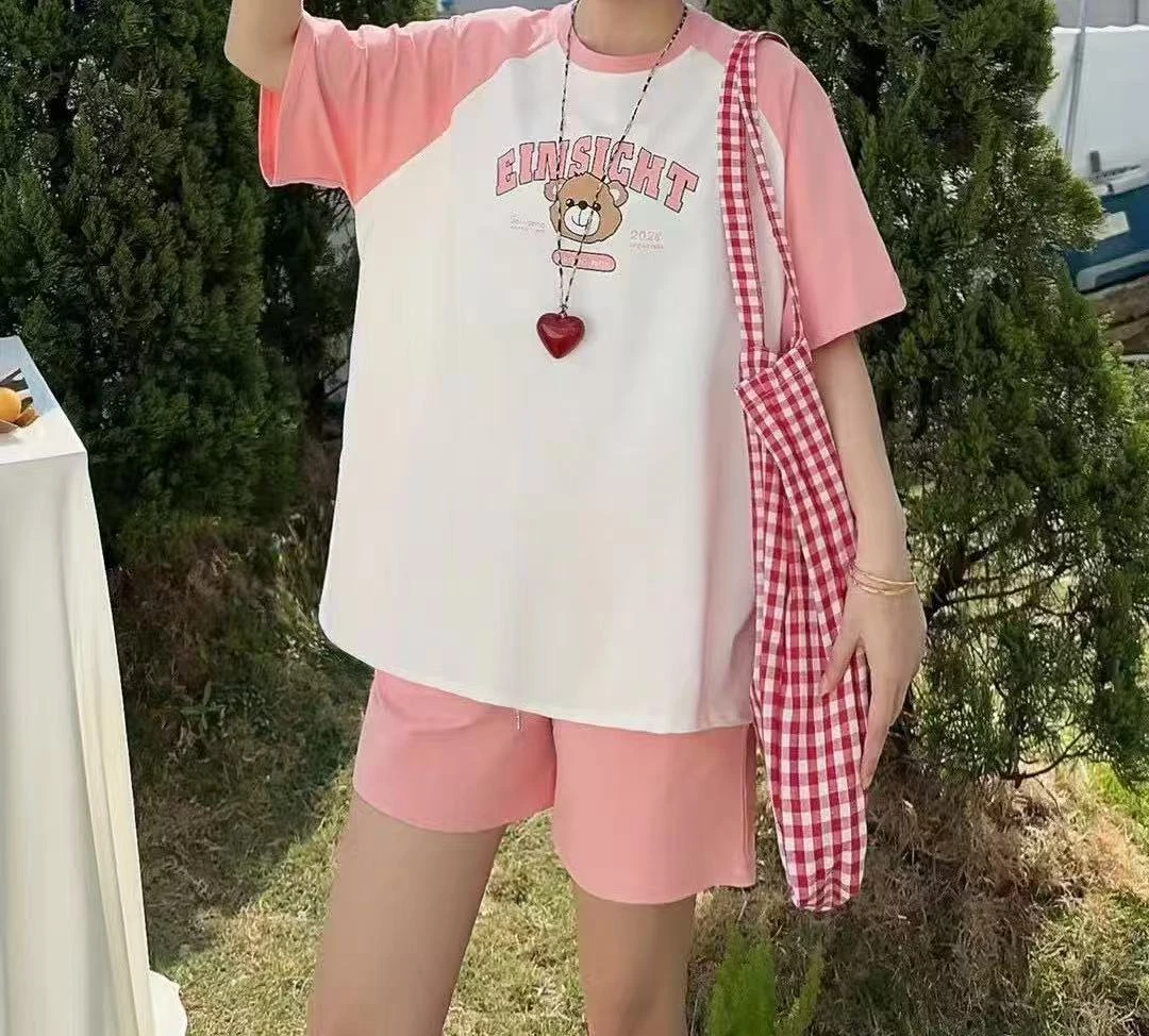 B986粉擦肩EI熊印花短袖运动套装