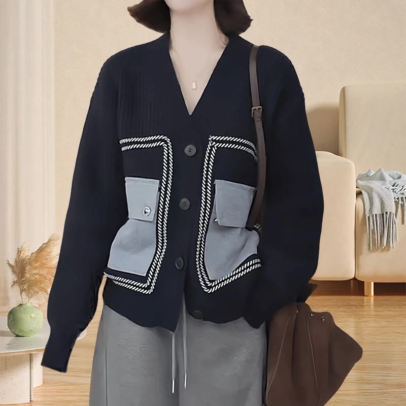 保暖棒球服毛衣外套女士春秋新款慵懒风口袋拼接复古针织小开衫女