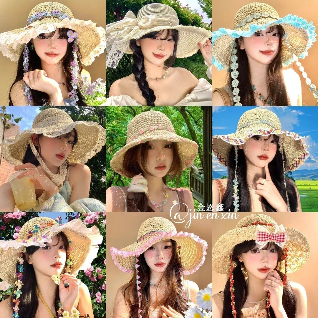 田园风夏季编织草帽女2025新款度假海边遮阳小花朵太阳渔夫草帽子