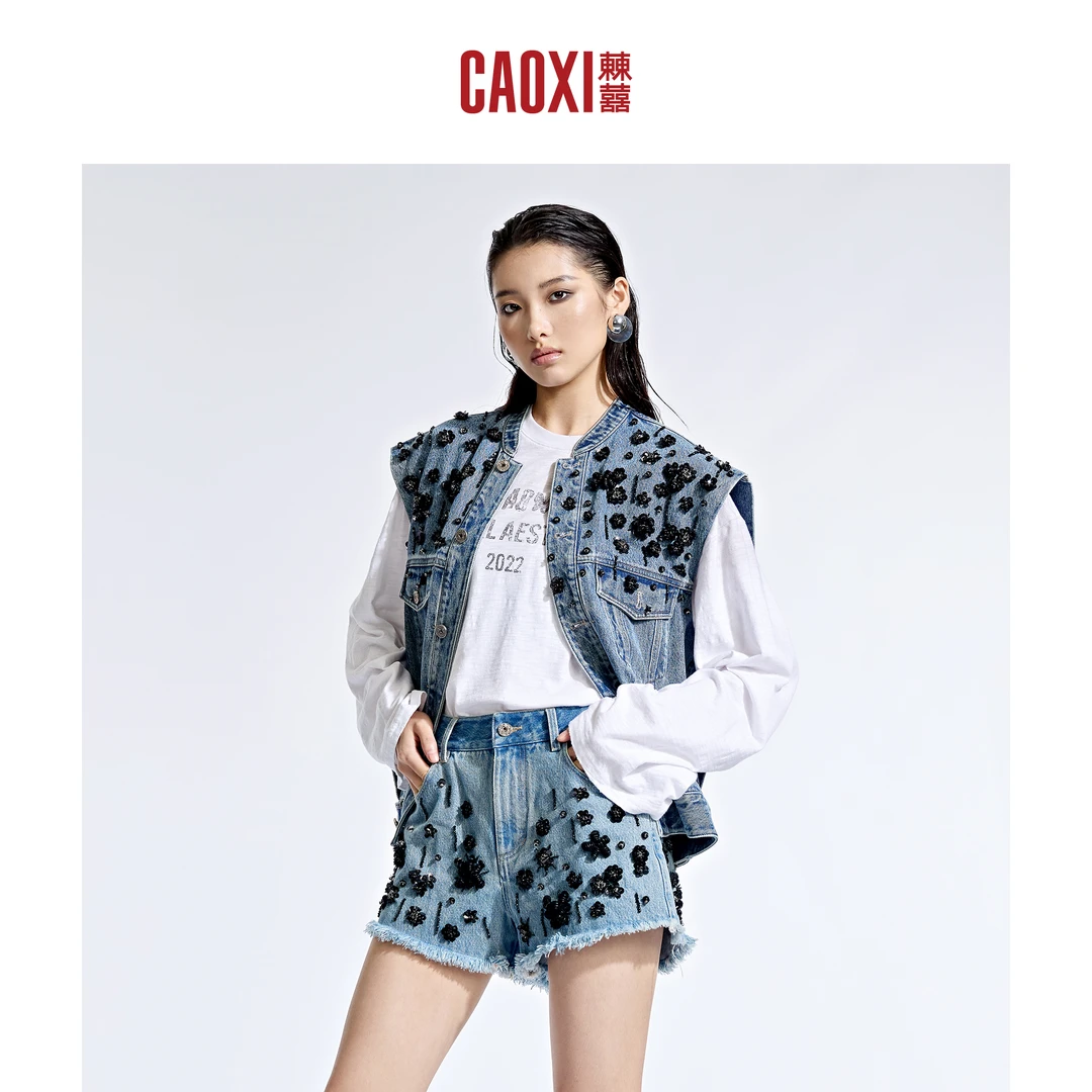 CAOXI㯥囍 镶钻钉珠短款牛仔马甲女100%棉舒适显瘦外套