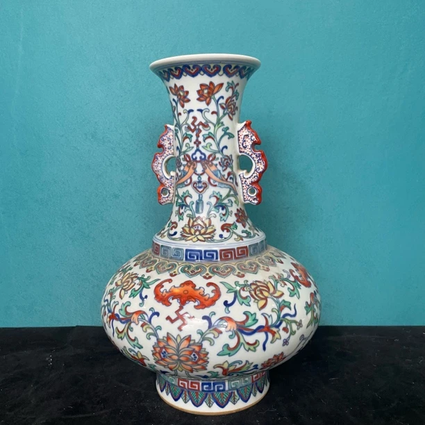 仿古瓷 仿古瓷斗彩双龙贯耳福寿瓶2308
