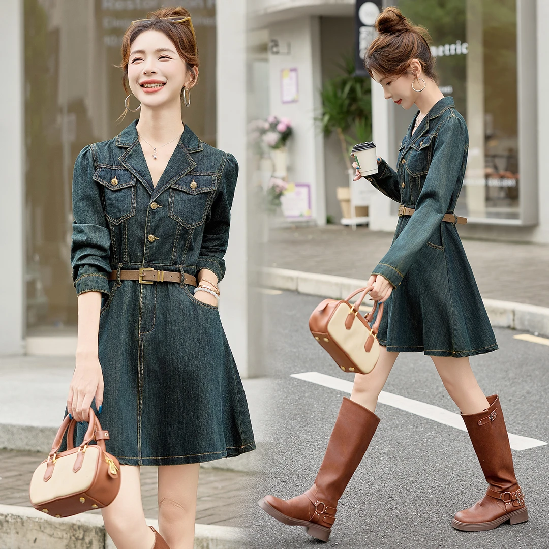 复古港风翻领牛仔连衣裙女2025春秋新款洋气减龄小个子收腰A字裙