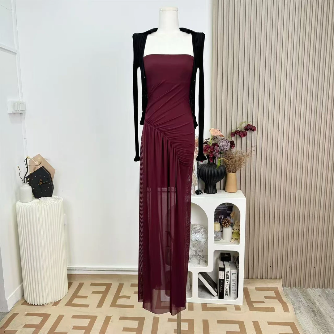 熟透的美艳浆果红连衣裙修身气质开衫+抹胸长裙女春夏秋连衣裙