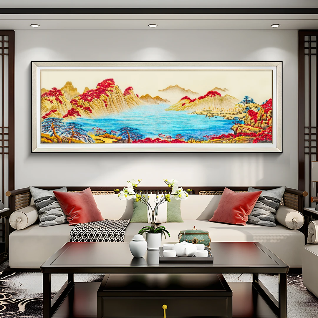 中式客厅沙发背景墙装饰画聚宝盆山水风景刺绣挂画鸿运当头80230