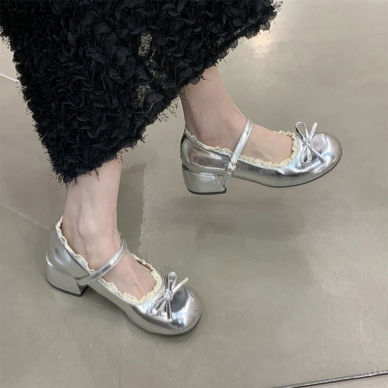 高跟鞋粗跟银色单鞋女2025新款夏季配裙子芭蕾舞中跟玛丽珍小皮鞋