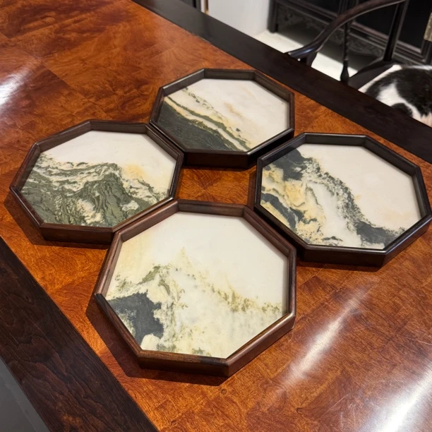 大红酸枝 镶理石八边形托盘（多样性发货）
