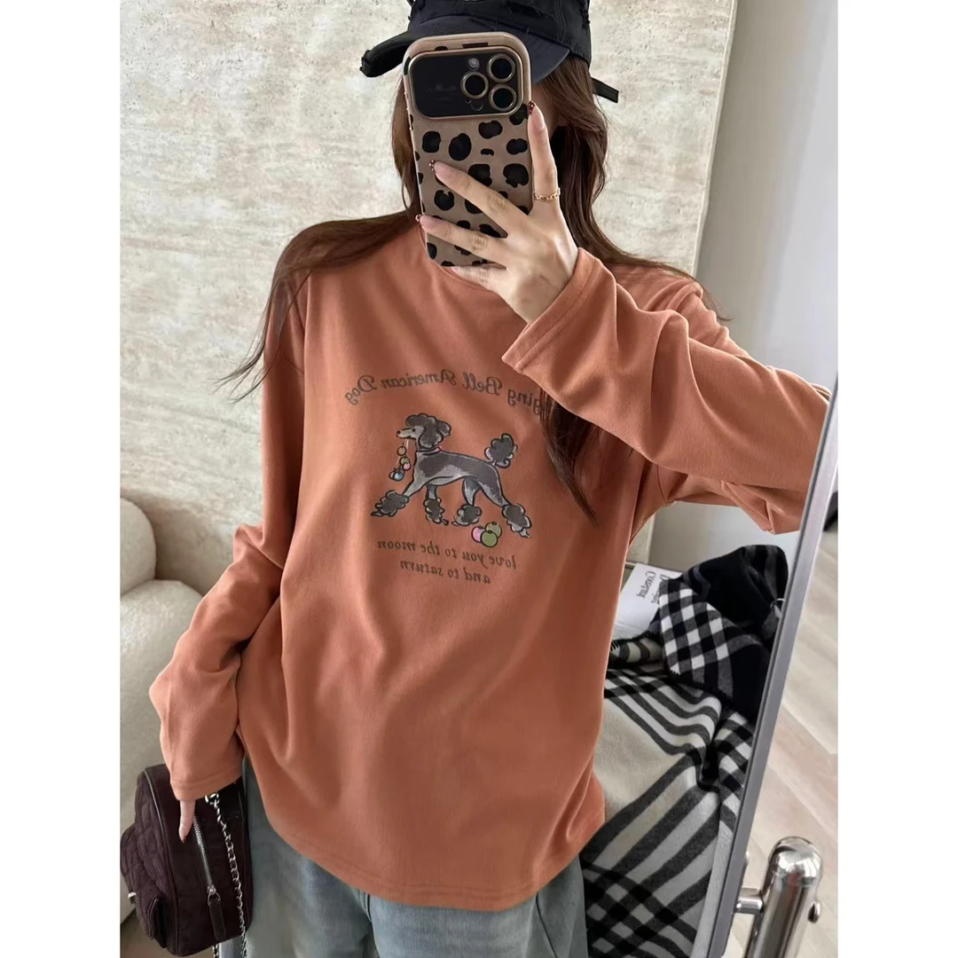 SP 韩系灰色圆领长袖T恤女宽松百搭休闲打底衫上衣秋冬春百搭t