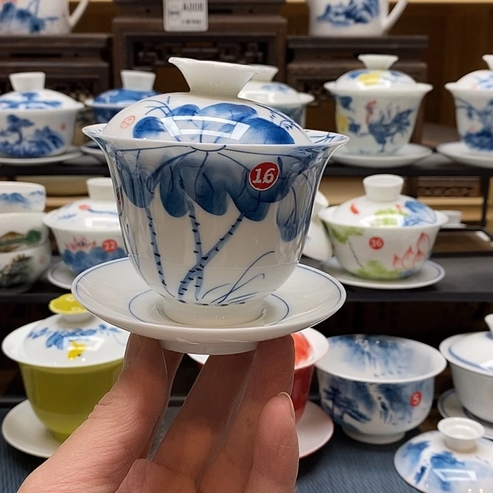 手绘微瑕荷花盖碗