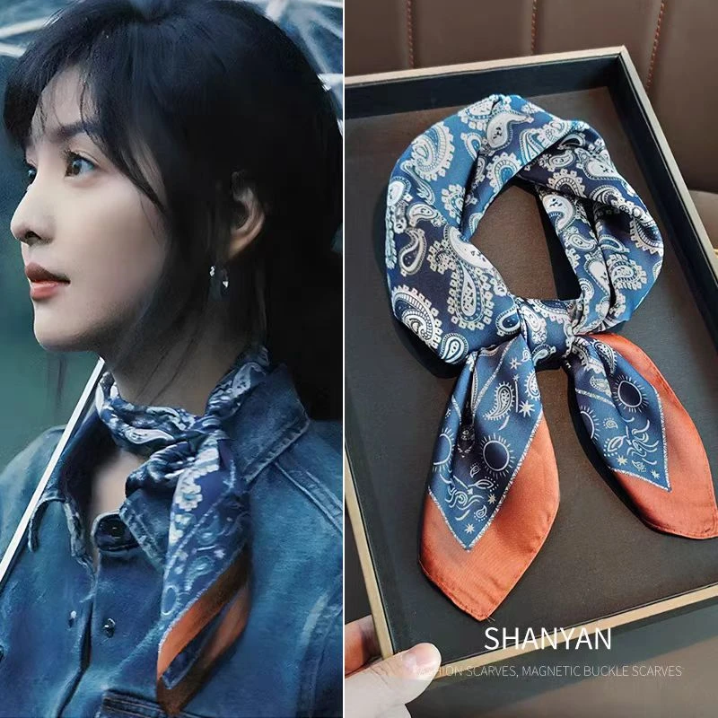 【蓝调腰果】宫丽纯100桑蚕丝素绉缎腰果花复古方巾时尚透气防晒