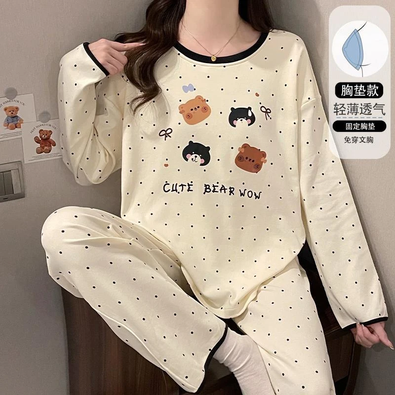 圆点卡通睡衣女款春秋季大码2025年新款长袖薄款家居服可外穿套装