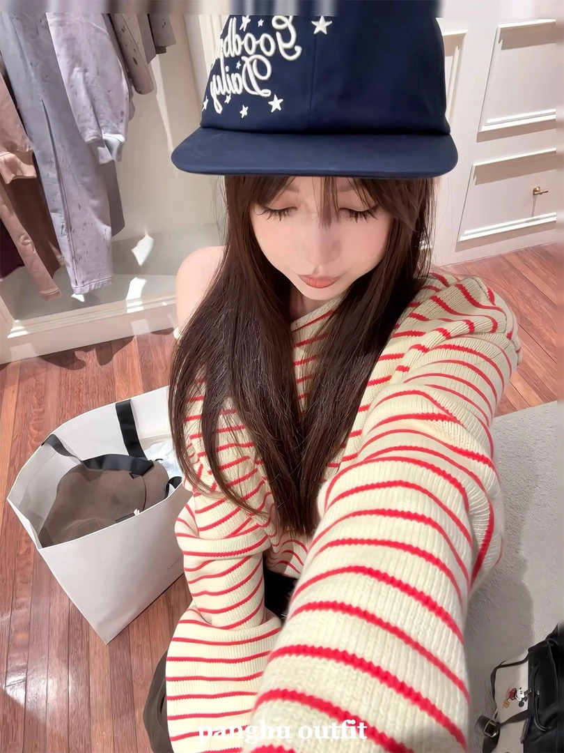 【BORAKOO】冬新款一字领条纹百搭款秋冬白色时尚韩版复古毛衣ins