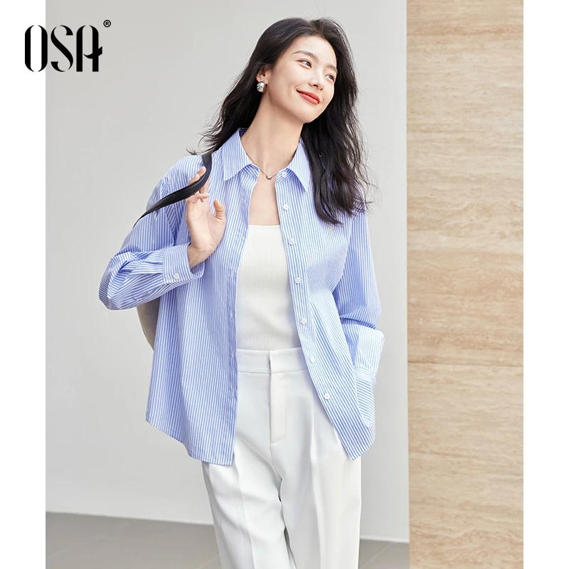OSA/欧莎 蓝白条色纯棉衬衫女条纹衬衣字母绣花上衣S125A12003